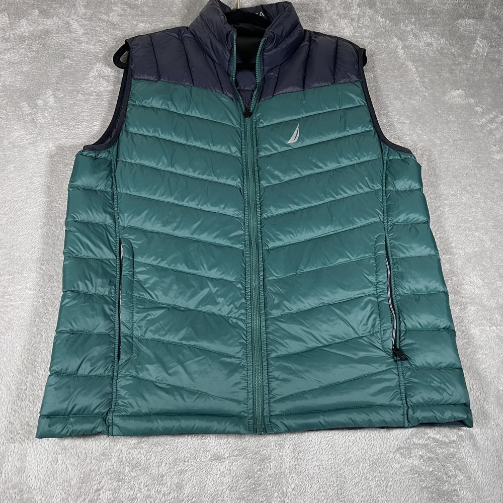 Nautica Puffer Vest Mens Medium Green Navy 90% Down Fill Quilted Zip Pockets